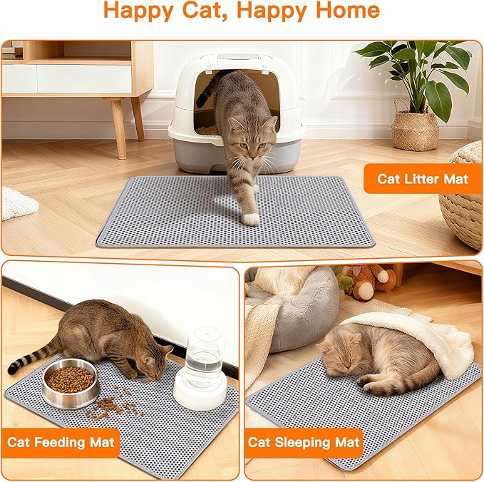 Large Cat Litter Box Mat for Cats, Double Layer Honeycomb Cat Litter Trapping Mats, Waterproof, Urine Proof,Non-Slip Litter Pad for Indoor Kitty Cat Litter Mat, Easy to Clean Grey (33.8'' x 23.6'')