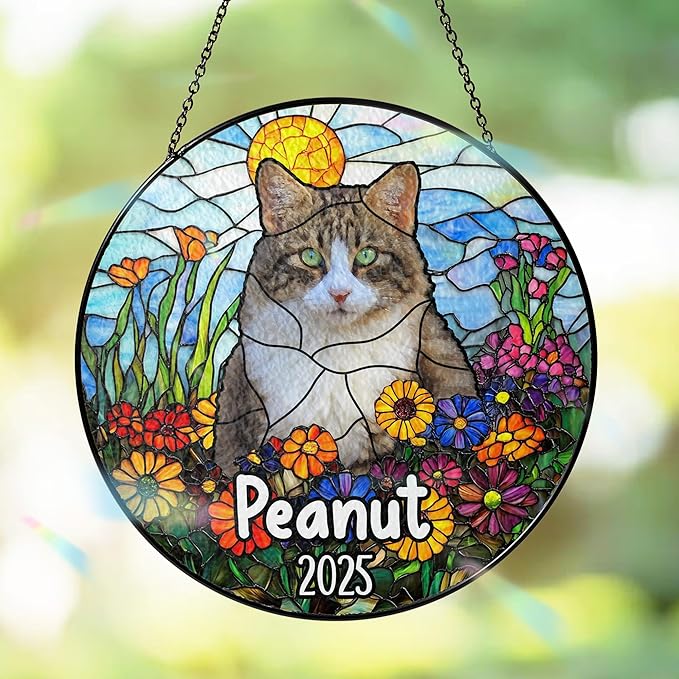 Custom Dog Portrait Art Suncatcher Stained Glass Remembrance Gift Indoor Decor Window Hanging Cat Bereavement Keepsake Loss of Pet Sympathy with Name Date Portrait Gifts