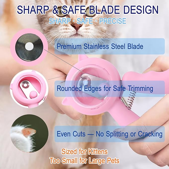 Kitten Nail Clippers Set, Anti-Splatter Nail Clipper with Nail Collector, Safety Nail Trimmer for Kittens, Includes Nail File, Cleaning Brush, Cotton Swabs and Zipper Bag