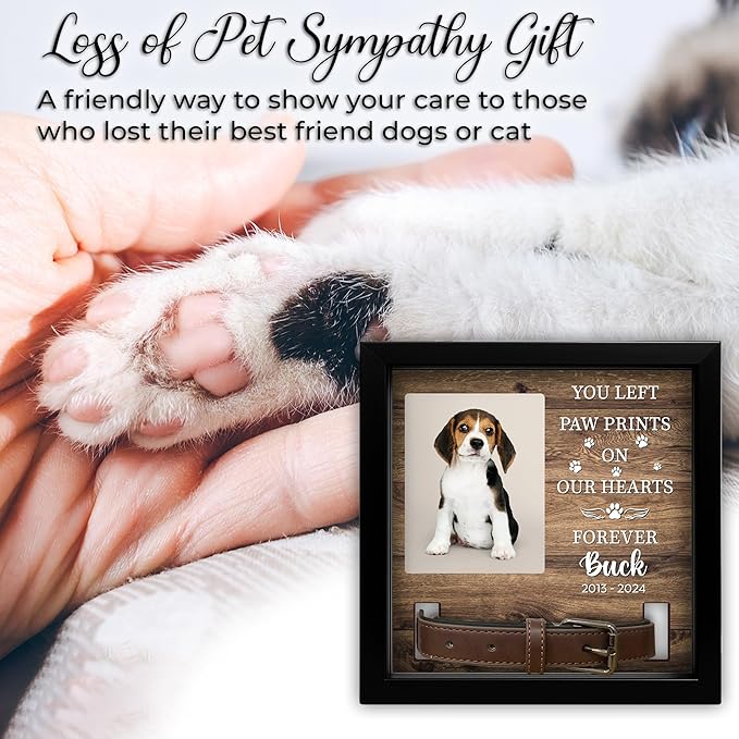 Personalized Pet Memorial Frame with Collar Holder, Engraved Pet Memorial Ornament, Dog Cat Sympathy Card, Loss of Dog Keychain Paw Prints Charm Sympathy Gift, Remembrance Gift for Cat Lovers