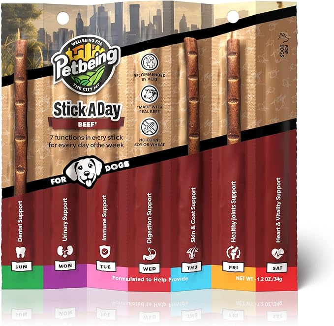 Stick a Day for Dogs | Specially Formulated 7-in-1 Functions Daily Real Meat Supplement for Dogs | Dog Chew Stick & Pet Vitamins Supplements Combination (7-Pack x 4, Beef)