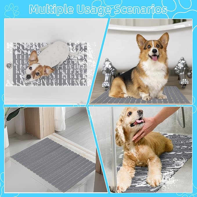 Non Slip Dog Bath Mat for Tub, Quick Drain Pet Bathtub Mat, 26.8 x 15.7 Inch Trimmable Non Slip Shower Pad with Drain Holes and 162 Suction Cups for Pet Bathing, Dog Shower Attachment (Grey S)