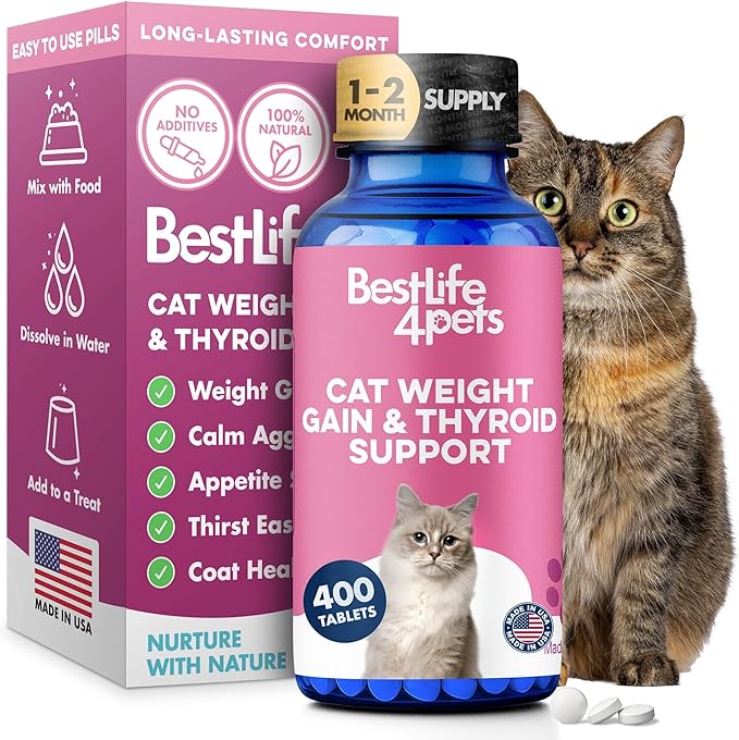 Cat Hyperthyroid & Gentle Weight Gain Support for Cats and Kittens - Natural Feline Thyroid Balance for All Ages in Odorless Easy to Use Tiny Pills That Improve Appetite, Coat & Energy (400 Pills)