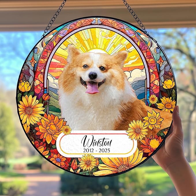 Custom Dog Portrait Art Suncatcher Stained Glass Remembrance Gift Indoor Decor Window Hanging Cat Bereavement Keepsake Loss of Pet Sympathy with Name Date Portrait Gifts