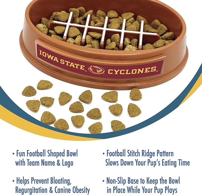 NCAA Super-Bowl - Iowa State Cyclones Slow Feeder Dog Bowl. Football Design Slow Feeding Cat Bowl for Healthy Digestion. Non-Slip Pet Bowl for Large & Small Dogs & Cats