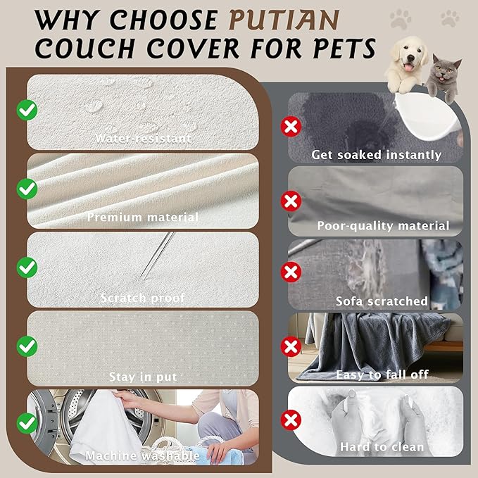 PuTian Couch Cover for Dogs - Waterproof Anti-Scratch Washable Non Slip 2 Cushion Cover Blanket L Shaped Recliner Sectional Arm Chair Sofa Slipcover for Pet Cats Kids, 71''X102'' Creamy White