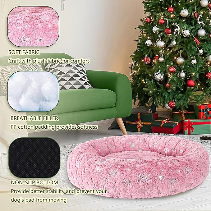 31 Inch Christmas Snowflakes Calming Dog Bed for Medium Dogs, Round Anti-Anxiety Warm Bed, Soft Cozy Anti-Slip Donut Washable Pet Bed, Fits up to 50 lbs Pets