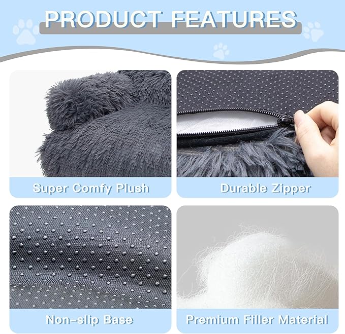 Plush Cat Couch Bed - Cat Bed for Indoor Cats, Dog Sofa Bed, Long Plush Calming Pet Couch with Removable Cover, Anti-Anxiety Pet Sofa for Small/Medium Pets (26×18×12in, Dark Gray)
