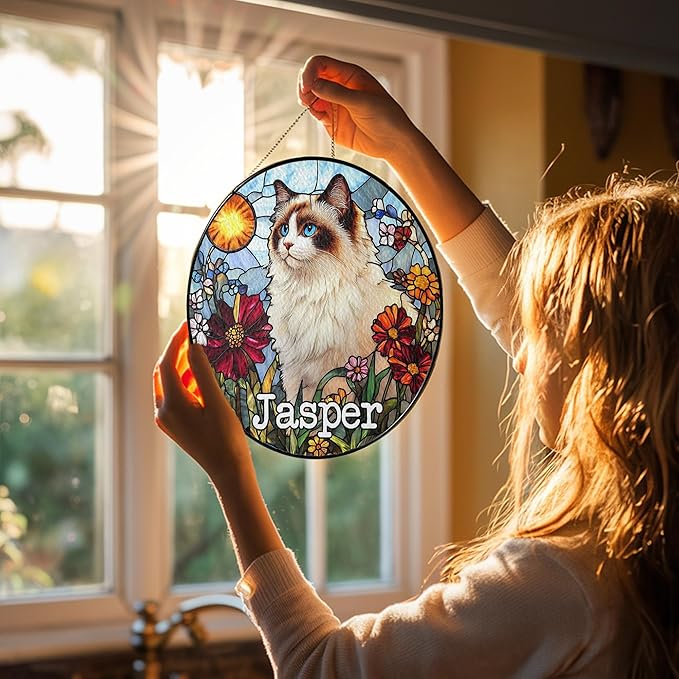 Custom Cat Dog Portrait Art Suncatcher Stained Glass Window Hanging Remembrance Gift Indoor Decor Dog Bereavement Keepsake Loss of Pet Sympathy with Name Date Portrait
