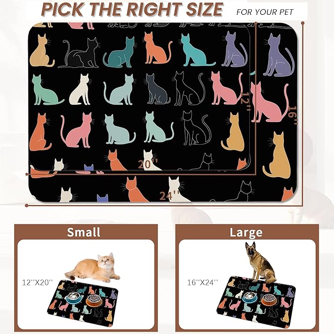 Cute Cat Dog Food Mat,Colorful Silhouette Absorbent Pet Feeding Mat with Rubber Backing,Non-Slip Water Bowl Placemat,Indoor Pet Accessories Supplies 12"x20"