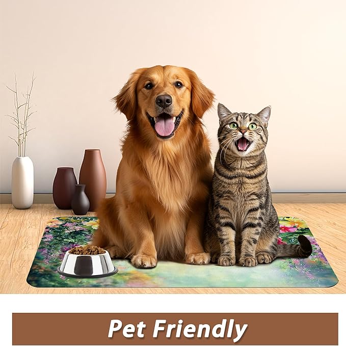 Abstract Spring Flowers Dog Food Mat for Floors,Blossom Ivy Colorful Absorbent Pet Food and Water Bowl Mats,Non-Slip Pet Feeding Mat,Pet Supplies 16" x 24"
