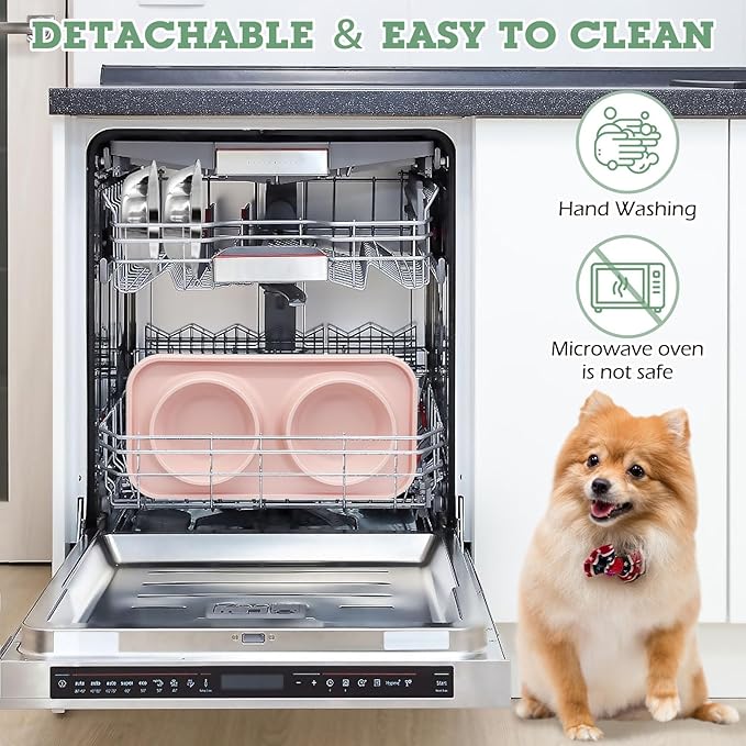 BNOSDM 2 Pcs Double Dog Food Bowls Stainless Steel Small Dog Food and Water Bowls with Non-Spill Plastic Mat Pet Cat Feeder Dish Set for Puppy Cats Kitten (Pink and Drak Green)