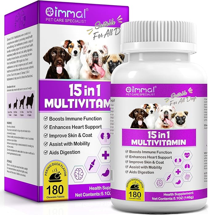 Dog Multivitamin Treats - 15 in 1 Multivitamin Tablets for Dogs with Glucosamine, Cranberry, Milk Thistle, Vitamins Supports Joint & Digestion, Skin & Coat - Peking Duck Flavor / 180 Chewable Tablets