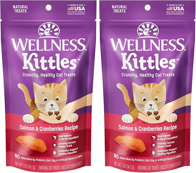 Wellness Kittles Crunchy Natural Grain Free Cat Treats, Salmon & Cranberries Recipe, All Life Stages, 2-Ounce Bag (Pack of 2)