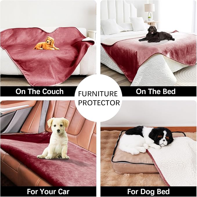 Waterproof Dog Blankets for Small Dogs, Washable Pet Blanket for Indoor Cats, Plush Sherpa Puppy Throw Furniture Protector for Bed Couch Sofa(25"x35",S,Burgundy Red)