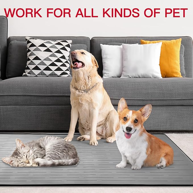 48" x 32" Largest Pet Food Mat, XXXL Silicone Dog Mats for Food and Water, Nonslip Pet Feeding Mats for Floors,Dog Cat Bowl Mat with Raised Edges, Gray Blue