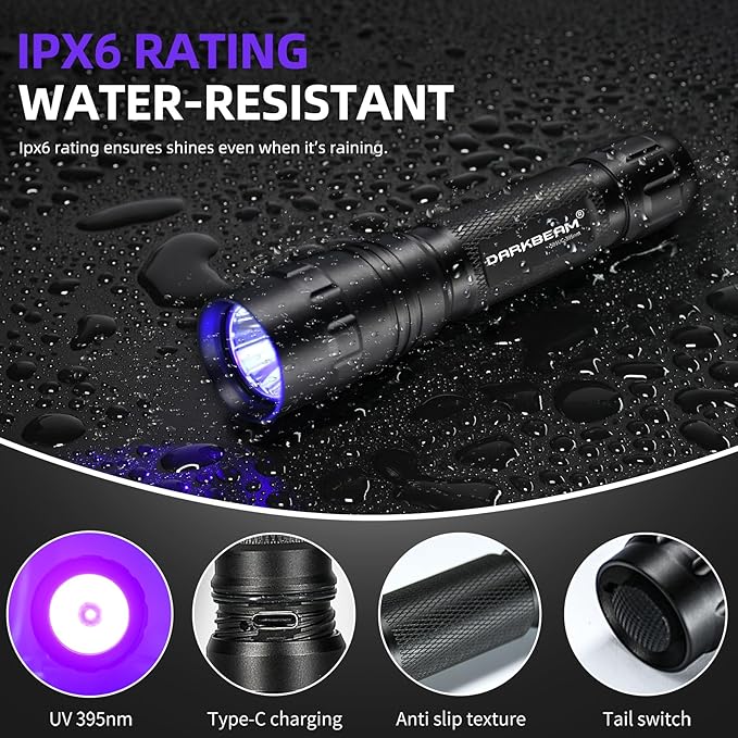 DARKBEAM Flashlight UV 395nm Black Light, Mini & Powerful Wood’s Lamp USB -C LED Rechargeable Blacklight, 10W Portable Pet Dog Urine Detector - Resin Curing, Fluorescent, Scorpion Detection
