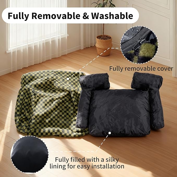 Faux Fur Cat & Dog Sofa Cat Couch Mini Cat Bed Indoor Human Style Pet Sofa, Modern Pet Furniture for Cats, Washable ＆ Removable Cover, for Cats and Small Medium Dogs (Black/Green, X-Large(36X27 inch))