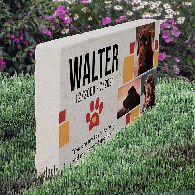 Personalized Pet Memorial with Keepsake Photo on Limestone - Headstones, Garden Stones, and Grave Markers for Dogs - Dog Memorial Stone, Pet Memorial Gifts - 12”x 6”x1.25" (C. Walter Design)