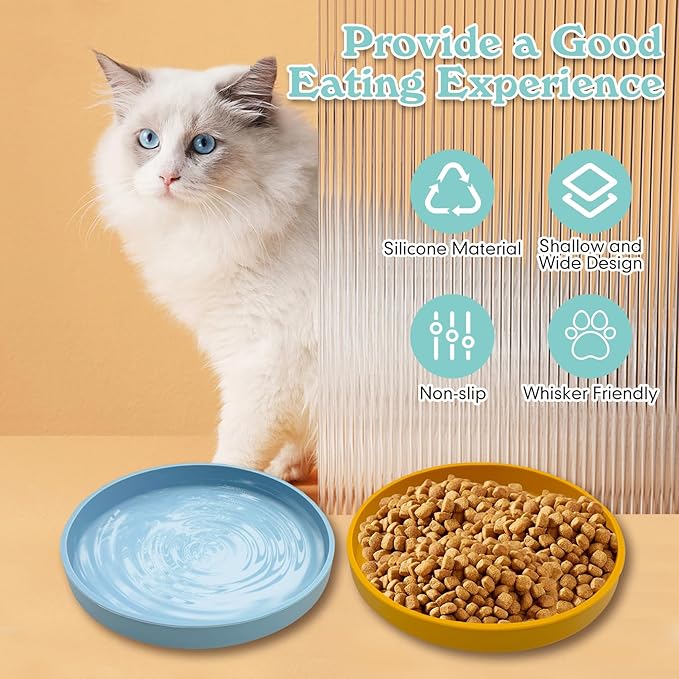 Silicone Cat Food Bowl Shallow Dishes 5.9in Wide Cats Bowls Kitty Plates Relief Whisker Fatigue Puppy Feeding Bowl for Dry Food and Wet Food Indoor (Round Blue)