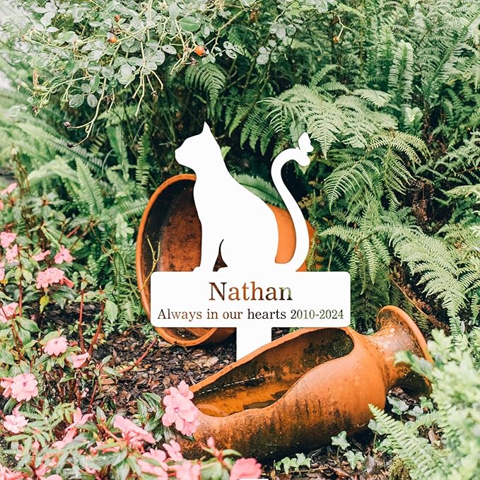 Custom Cat Memorial Grave Marker Stake Sign, Personalized Pet Cat Memorial Plaque Grave Marker, Outdoor Cat Garden Decor Remembrance Stake, Customized Cat Name Tombstone Metal Stake