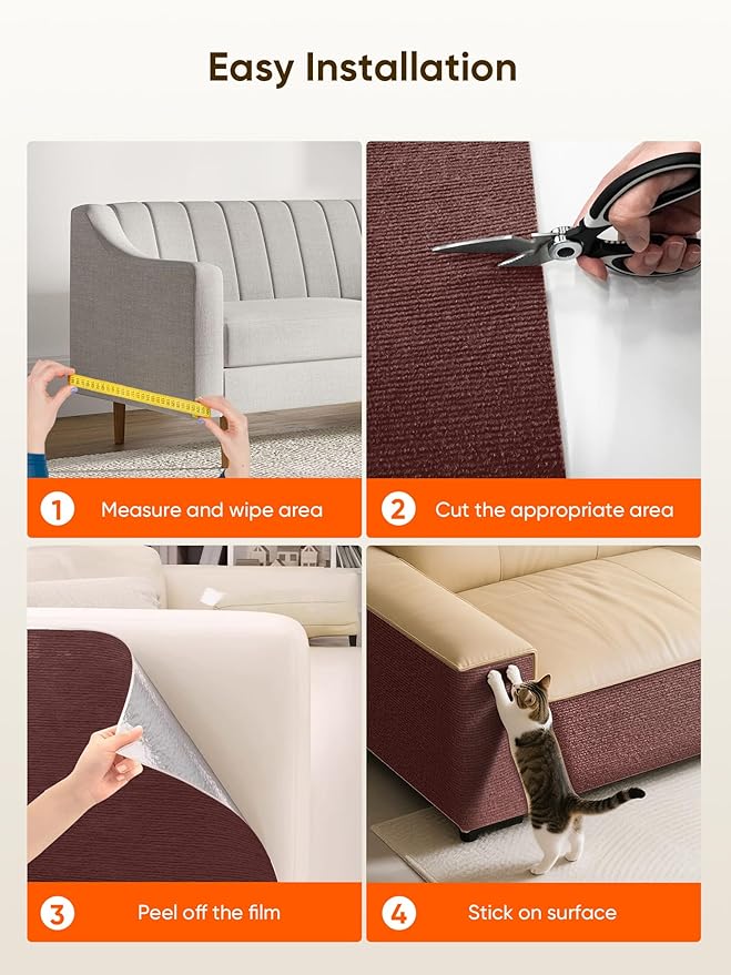 Cat Scratch Mat Furniture Protector, Eco-Friendly DIY Trimmable Self-Adhesive Cat Scratching Pad, Couch Wall Sofa Guard, Reusable Claw Scratching Protector 78.7"x15.8" (Brown)