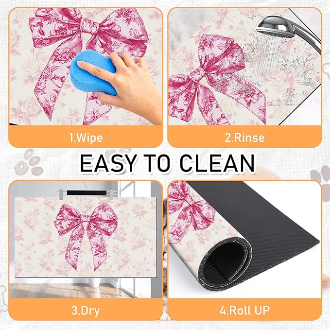 Dog Bowl Mat for Food and Water - Hamdwerk Absorbent Anti Slip Cat Feeding Mats for Floors, Quick Dry Pet Dog Feeding Matts, Diatomite Pet Dish Placemat Supplies, Coquettee Bow Style, 17 * 30in
