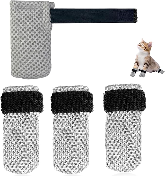 Cat Mittens to Prevent Scratching,Mesh Breathable Cat Shoes Booties,Adjustable Cats Anti Scratch Gloves,Suitable for Cats When Bathing and Nail Trimming（4 PCS ）