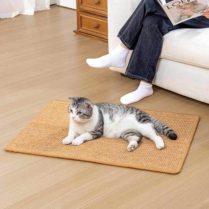 Conlun Cat Scratcher Mat,Natural Sisal Cat Scratch Pad with Hook&Loop Tape,Horizontal Floor Kitten Scratching Pads Rug for Indoor,Pet Furniture Protector for Couch&Carpets&Sofas, Large, Brown