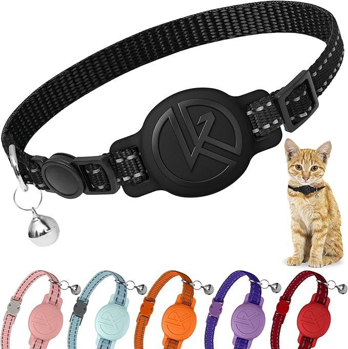 Tile Sticker Holder Cat Tracking Collar (2024) - Breakaway, Reflective Kitten Collar with Bell and Holding Case for Tile by Life360 (Black)