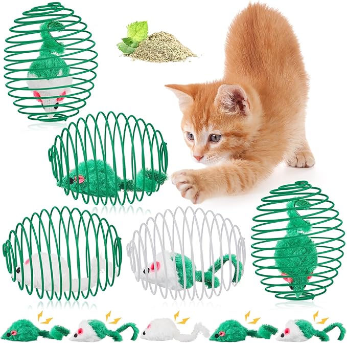 Jecery 5 Pcs Cat Spring Balls Toys Stretchable Rolling Balls Colorful Playful Coils Interactive Action Toy Caged Rats for Kitten Pet Supplies (Mouse,Green)