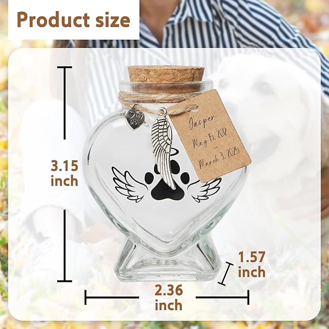 Pet Memorial Gift for Loss of Dog or Cat, 2 PCS Heart Shape Glass Jar & Bottle for Fur, Hair, Whiskers or Ashes Keepsake Urn with Cork Top, Charms for Cute Rainbow Bridge Memorial, Dog