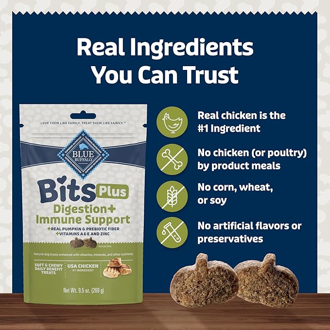 Blue Buffalo Blue Bits Plus Digestion and Immune Support Daily Benefit Dog Treats, Soft & Chewy Chicken and Pumpkin Morsels, 9.5-oz. Bag