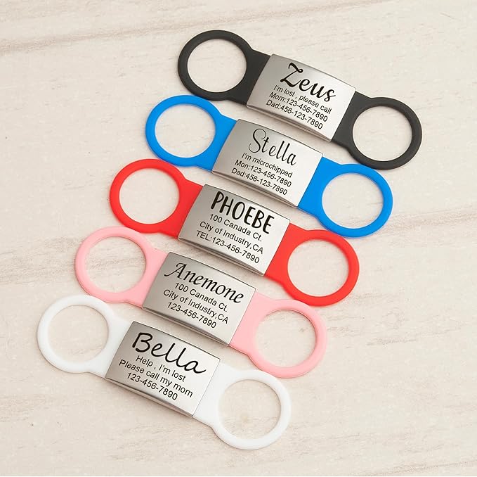 Anavia Slide On Silent Pet ID Tags Cat Dog Name Tags, Multi-Color Silicone Band Personalized Engraved Stainless Steel Tag, Customized Chew-Proof Quiet Dog Collar Tags (Large, Red)