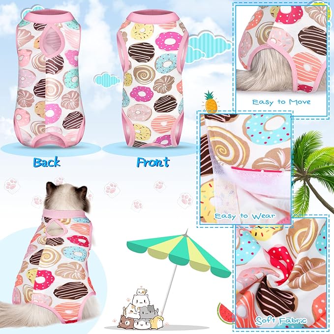 Nuanchu 3 Pieces Cat Recovery Suit Kitten Recovery Suit E-Collar Alternative for Cats and Dogs Abdominal Skin Anti Licking Pajama Clothes Sets(Medium,Watermelon Style,Colorful)
