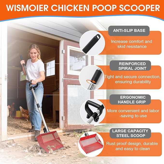Heavy Duty Chicken Poop Scooper & Rake 2 in 1,Adjustable Angle Handle Chicken Coop Metal Litter Scoop & Sand Sifting Shovel,Pooper Scooper for Dog,Cat,Poultry,Farm Animals,34"-66"