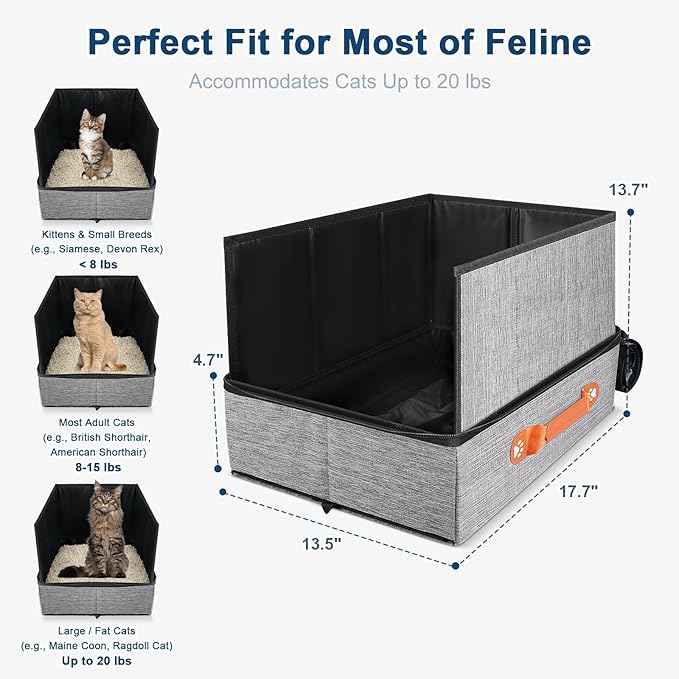 17.7''x 13.5''x 13.7" Travel Litter Box for Cats, Collapsible Cat Litter Box with Lid, Portable Cat Box with Zipper & Hard Bottom, Leak-Proof Kitty Litter Pan for Car Hotel Airplane, Water-Resistant