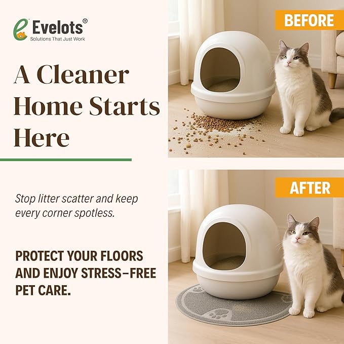 Evelots Cat Litter Mat – Traps Litter & Mess from Box, Absorbent Urine-Proof & Waterproof Floor Protection, Soft on Paws, Non-Slip, Easy Clean, Machine Washable, Unscented, Gray, Small