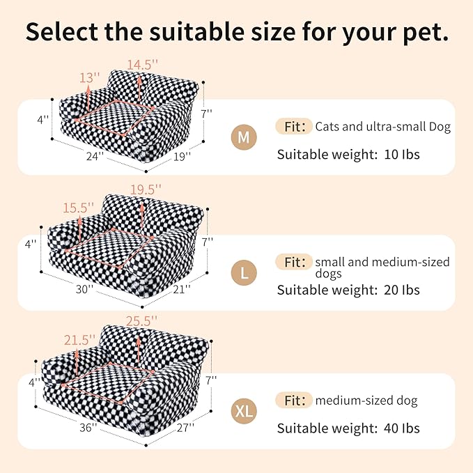 Faux Fur Cat & Dog Sofa Cat Couch Mini Cat Bed Indoor Human Style Pet Sofa, Modern Pet Furniture for Cats, Washable ＆ Removable Cover, for Cats and Small Medium Dogs (Black/White, Large(30X21 inch))