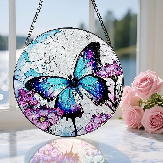8 Inch Stained Glass Suncatcher Ornament, DOUHASU Butterfly Sun Catchers Indoor Window, Stained Glass Window Hanging, Home Decor, Butterfly Lovers Gifts for Her, Women, Mom, Grandma, Friend