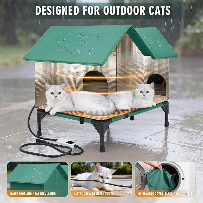 Outdoor Cat House Weatherproof, Heated Cat House for Outside, Insulated Outdoor Cat Shelter with Thickened Model (Green, L)