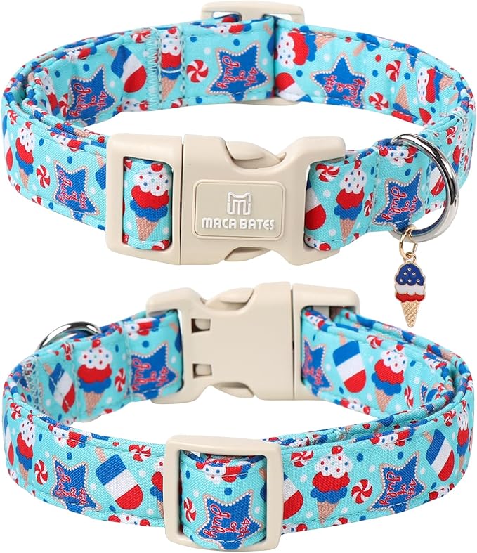 Maca Bates 4th of July Basic Dog Collar with Safety Buckle American Flag Patriotic 4 of 7 Dogs Collars Adjustable Soft Blue Independence Day Gift for Small Medium Large XL Boy Girl Male Female Puppy