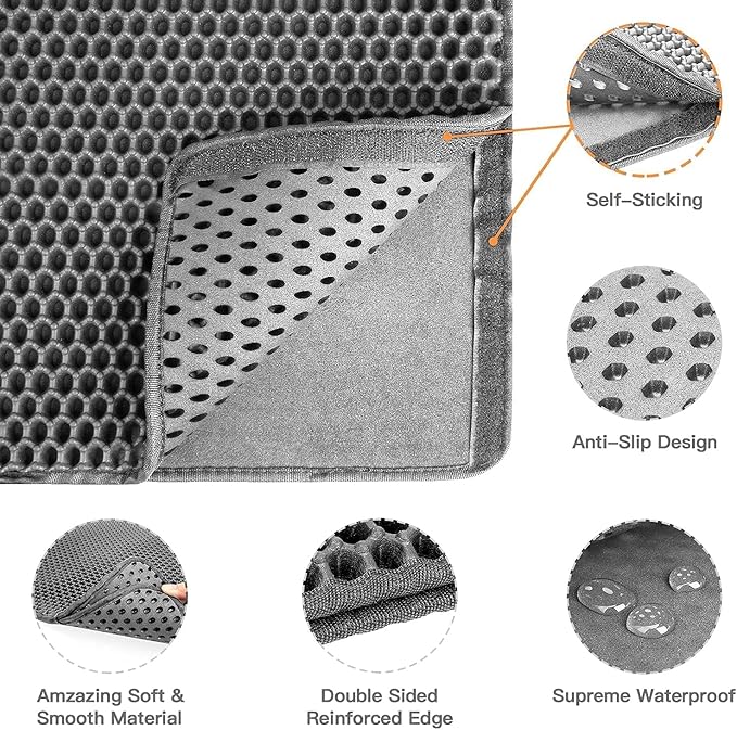 Cat Litter Mat-30"X24" Jumbo Litter Trapping Mat EVA Honeycomb,Urine & Waterproof Scatter Control Matt for Cat With Handle Design Easier To Clean, Less Waste, Soft On Paws, Gray