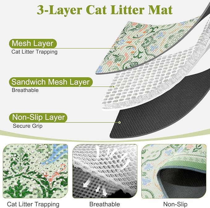 Unicorn Catcher 33X22in Cat Litter Mat Machine Washable Soft 3D Air Mesh Litter Box Rug Non-Slip Backing Quick Dry Scatter Control for Paws,Bean Green