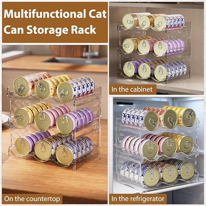 Cat Food Can Organizer, 3-Tier Cat Food Organizer, Transparent Can Organizer for Pantry, Canned Food Organizer Holds 45 (3oz) Cans, Pantry can Organizer