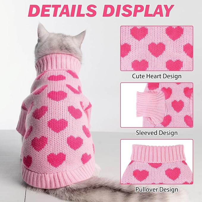KOOLTAIL Cat Sweater Turtleneck- Soft Pink Knit Cat Sweaters for Cats Only, Heart Love Pattern Thick Warm Cold Weather Clothes, Pet Outfit for Small Medium Large Size Kitten Puppy Girl