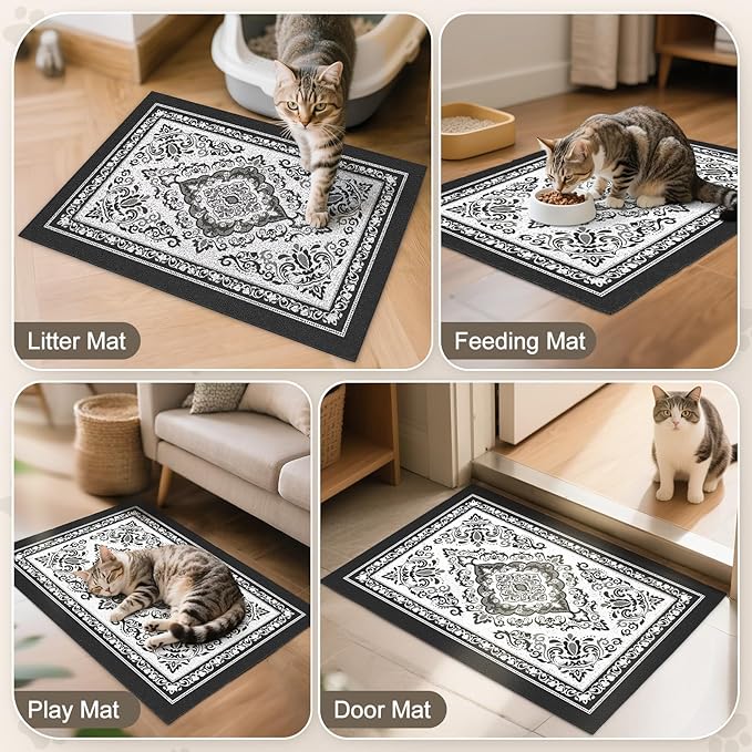 Unicorn Catcher Cat Litter Mat 33" x 22" Non-Slip Litter Box Mat Washable Litter Catcher Mat for Litter Box Indoor Food Mat Supplies Essentials, Black