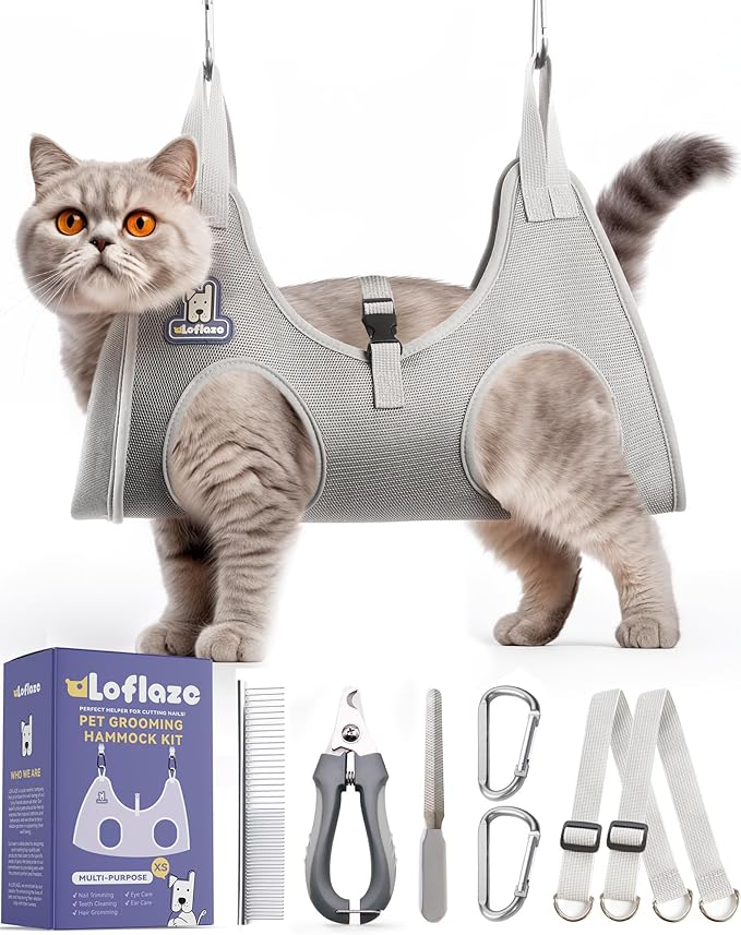 Dog Grooming Hammock Harness for Dogs & Cats with Pet Nail Clipper Trimmer - Cat Hanger Sling for Trimming Clipping Nails- Dog Hammock Restraint Bag for Small Medium Large pet （ Grey XS）
