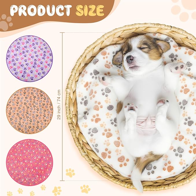 Tatuo 4 Pcs Dog Blanket for Pet Puppy Teething Toys Paw Print Fleece Blanket for Pet Cat Soft Warm Sleep Mat Guinea Pig Cage Mat (White, Coffee, Pink, Purple,29 x 29 Inches,Round)
