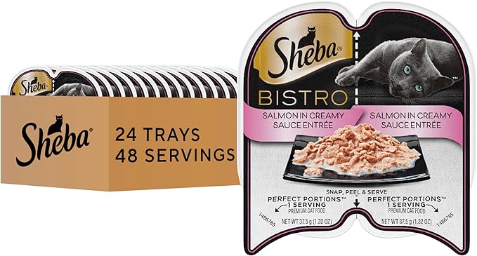 Sheba Perfect Portions Bistro Adult Wet Cat Food, Salmon in Creamy Sauce Entree, Cat Food Wet Recipe, 2.6 oz. Twin-Pack Trays (24 Count, 48 Servings)